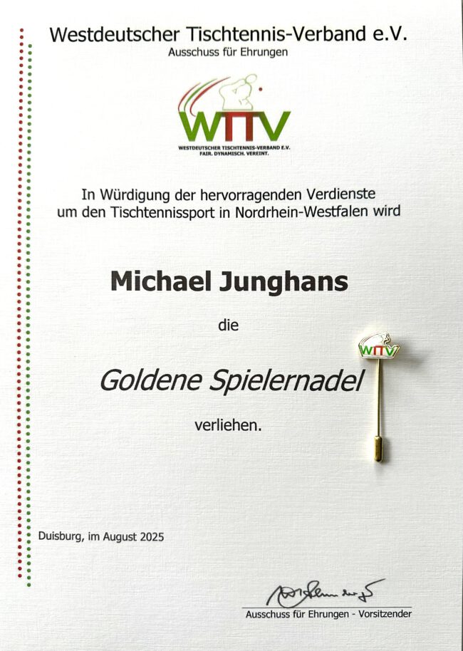 Goldnadel für Michael Junghans - Urkunde